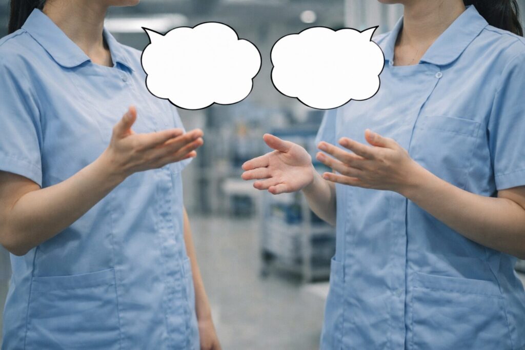 怖い先輩への頼み方・質問の仕方をイメージした看護師同士の会話（吹き出し付き）