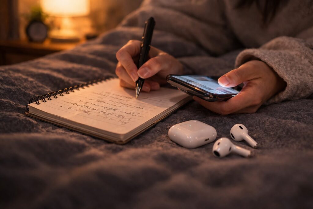 看護師が寝る前に仕事のことを考え続けてしまう手元（スマホとメモ）