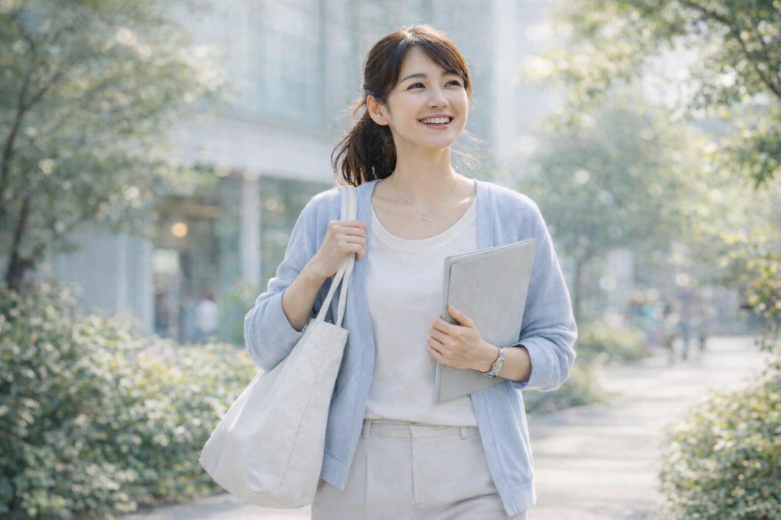 派遣を始める前の不安が軽くなり、明るい表情で歩く女性のイメージ